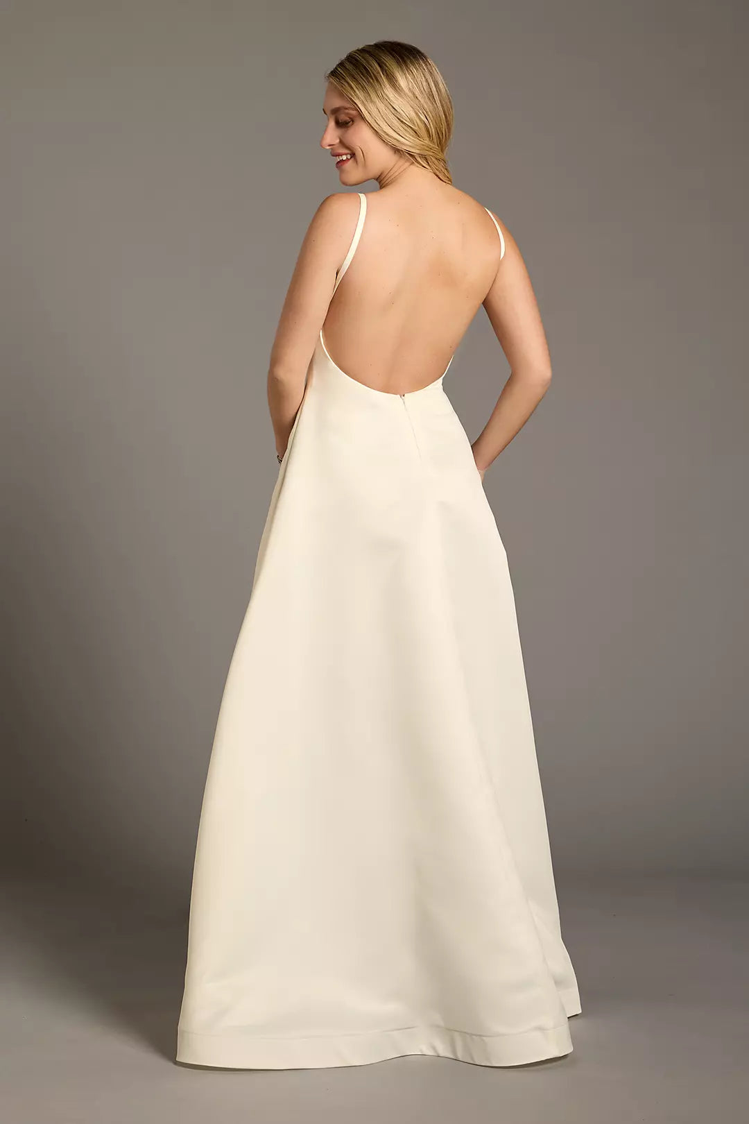 Chic Modern A-Line Spaghetti-Strap Square-Neck Satin Low-Back Pocketed Wedding Dress
