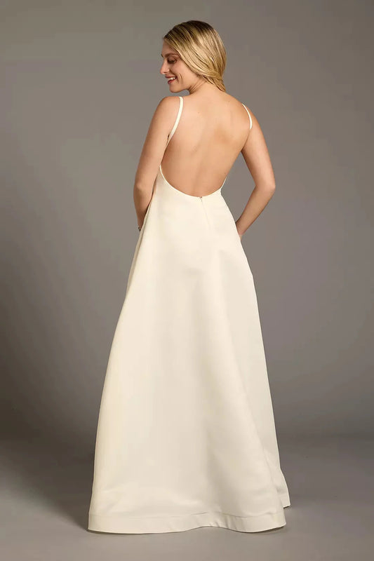 Chic Modern A-Line Spaghetti-Strap Square-Neck Satin Low-Back Pocketed Wedding Dress by YiHuiw