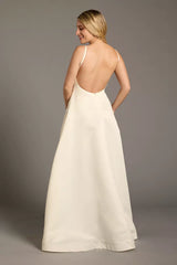 Chic Modern A-Line Spaghetti-Strap Square-Neck Satin Low-Back Pocketed Wedding Dress