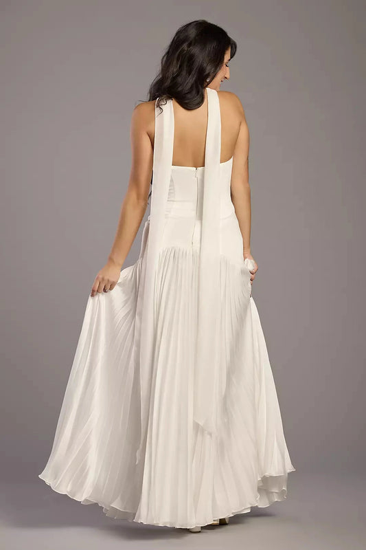 Chic Modern Fit-and-Flare Strapless Halter-Neck Satin Pleated Skirt Low-Back Wedding Dress by YiHuiw