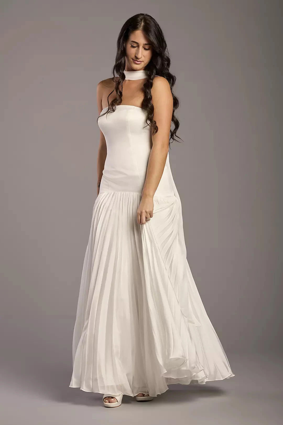 Chic Modern Fit-and-Flare Strapless Halter-Neck Satin Pleated Skirt Low-Back Wedding Dress by YiHuiw