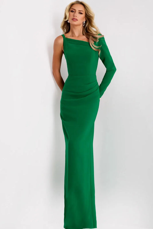 Chic One-Shoulder Evening Dress with Ruched Waist, Back Slit and Column Silhouette