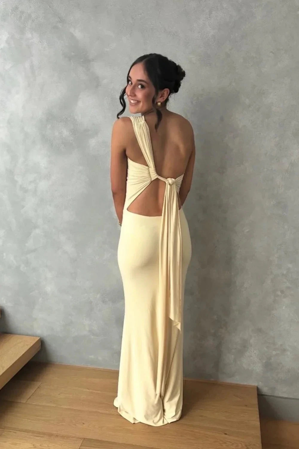 Chic One-Shoulder Twist Back Mermaid Prom Dress with Drape Detail in Butter Cream by JiMiss Dresses