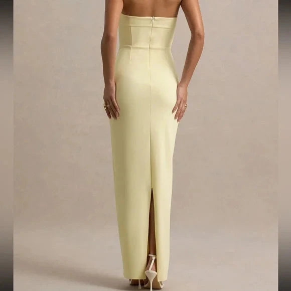 Chic Pale Yellow Strapless Prom Dress with Bow Detail, Mermaid Silhouette and Back Slit by JiMiss Dresses