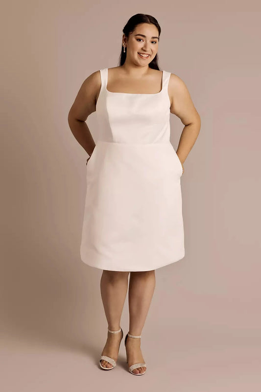 Chic Plus-Size Tea-Length Square-Neck Satin Bow-Back Pocketed Wedding Dress by YiHuiw