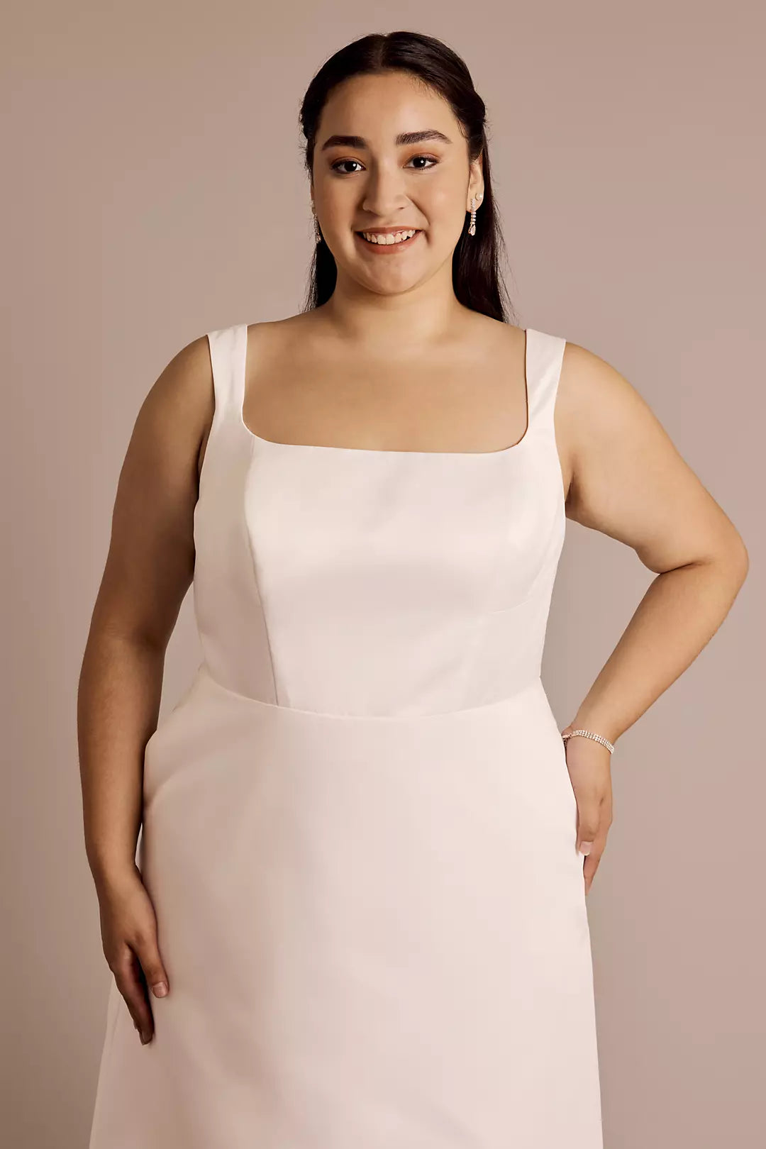 Chic Plus-Size Tea-Length Square-Neck Satin Bow-Back Pocketed Wedding Dress