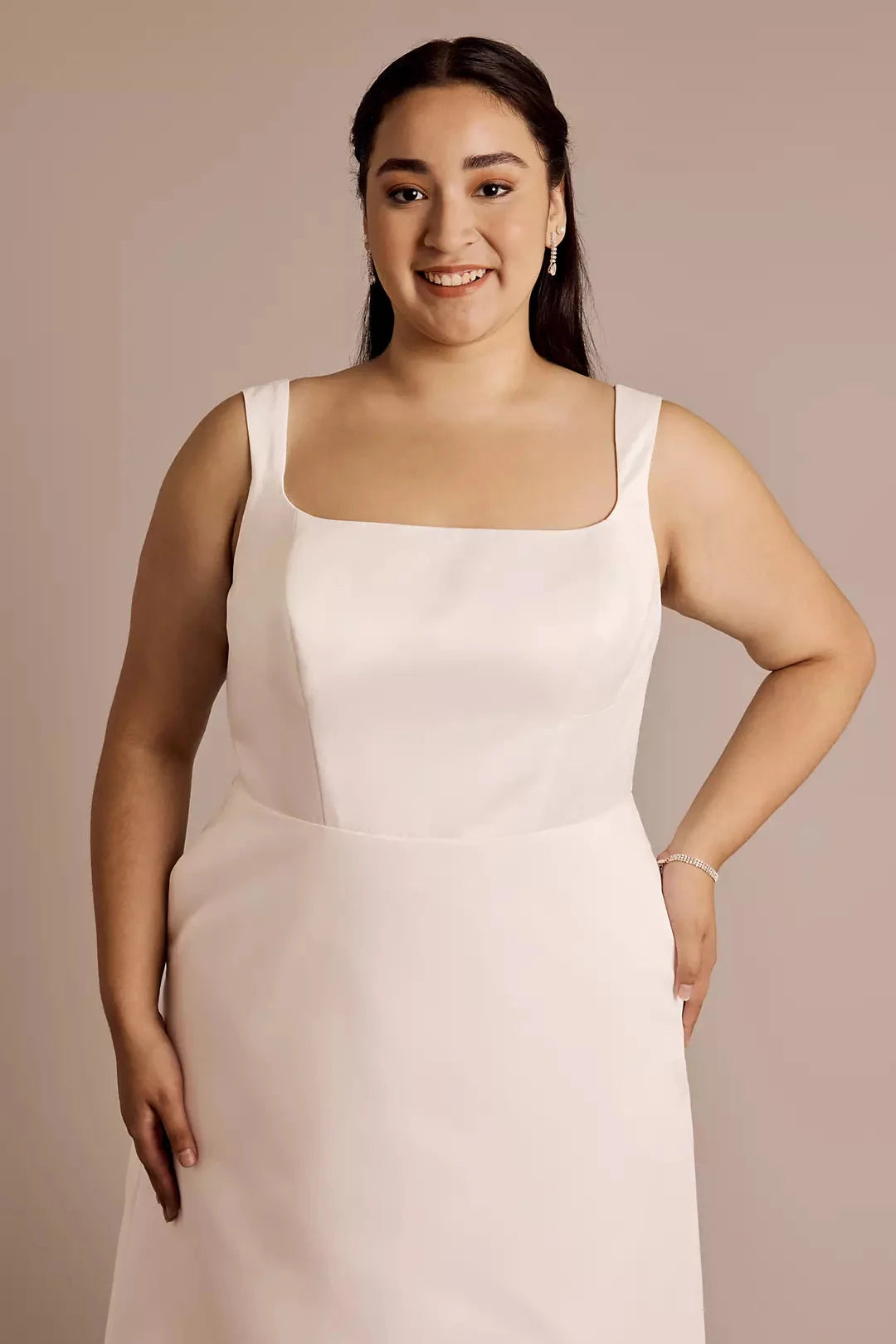 Chic Plus-Size Tea-Length Square-Neck Satin Bow-Back Pocketed Wedding Dress by YiHuiw
