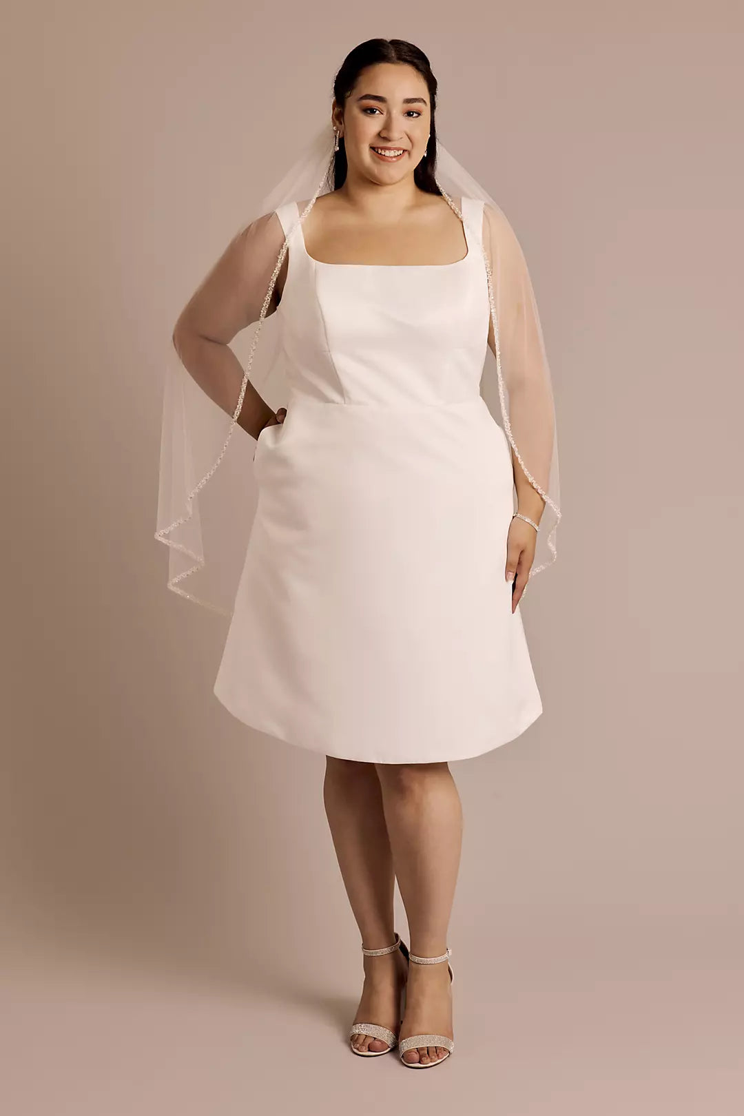 Chic Plus-Size Tea-Length Square-Neck Satin Bow-Back Pocketed Wedding Dress