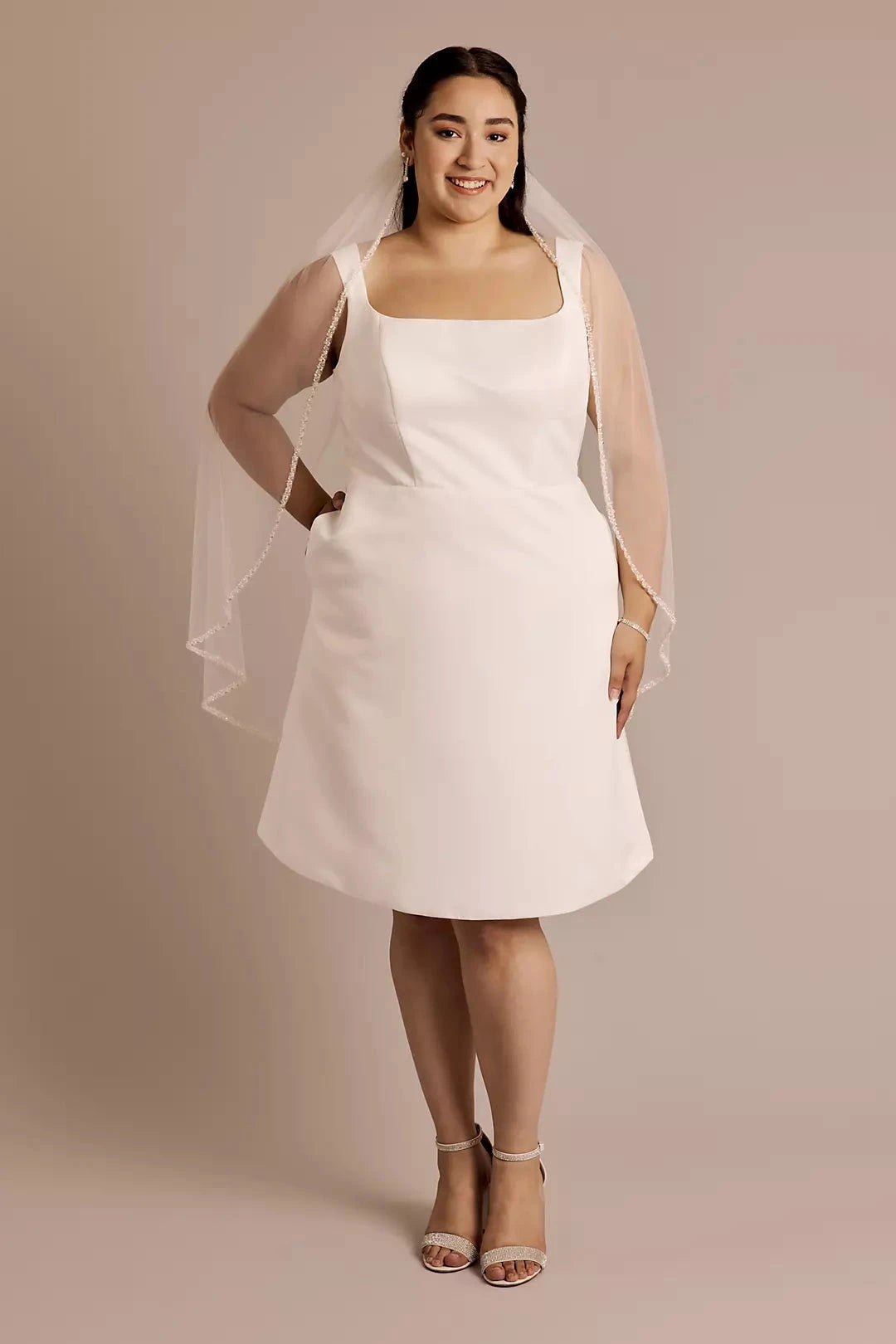 Chic Plus-Size Tea-Length Square-Neck Satin Bow-Back Pocketed Wedding Dress by YiHuiw