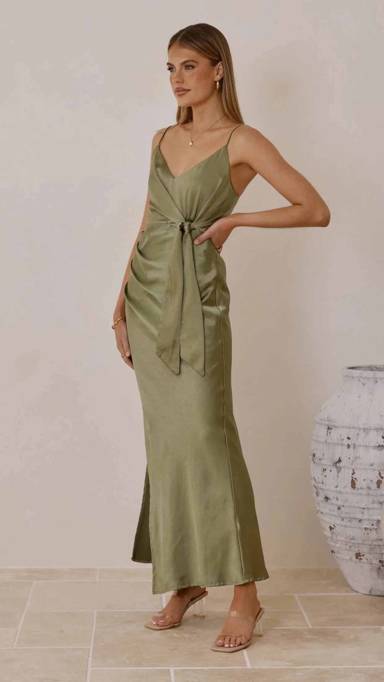 Chic Satin Mermaid V-Neck Spaghetti Straps Tie Waist High Slit Zipper Back Maxi Formal Evening Dresses by LANQI DRESS