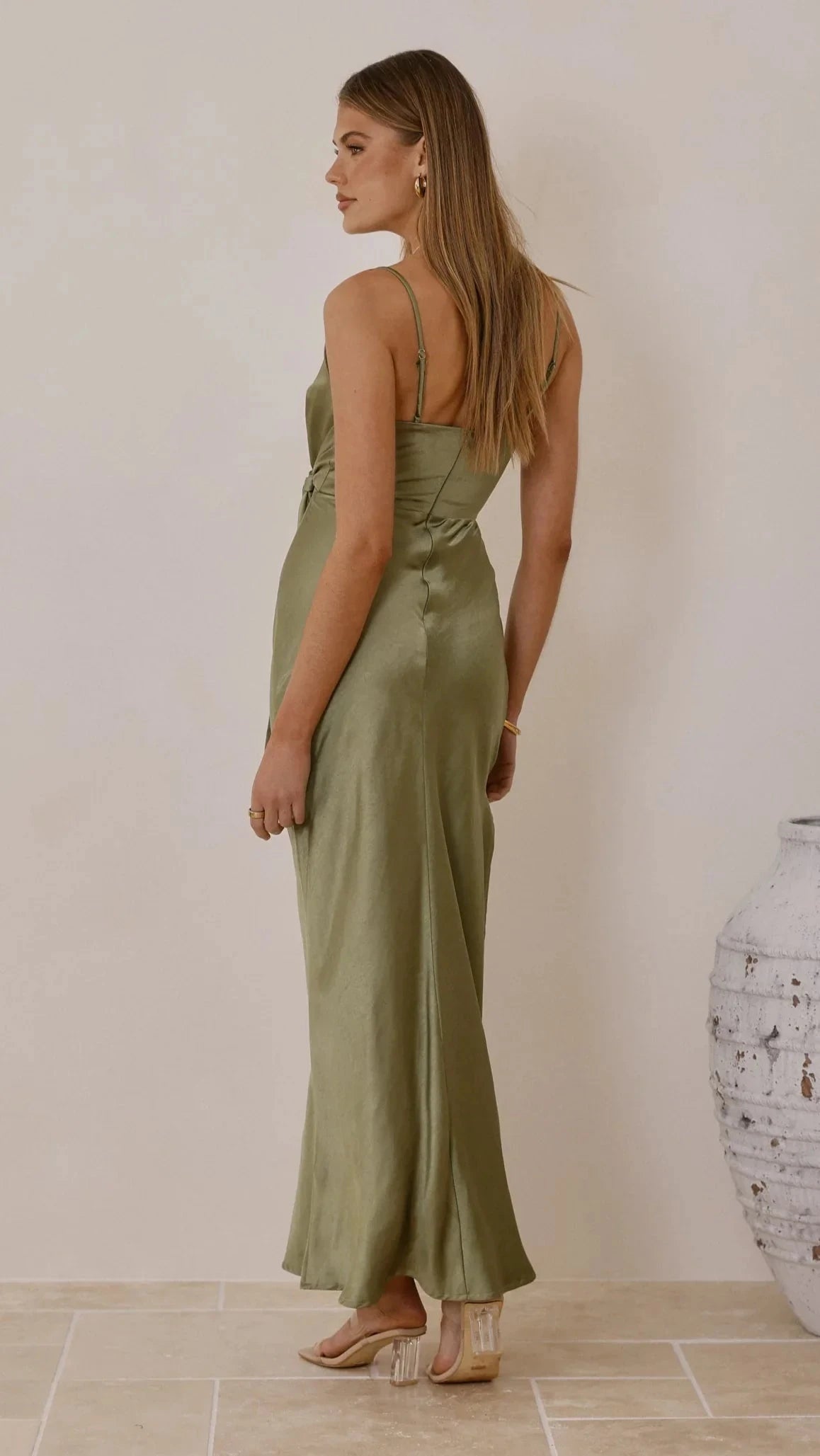 Chic Satin Mermaid V-Neck Spaghetti Straps Tie Waist High Slit Zipper Back Maxi Formal Evening Dresses by LANQI DRESS