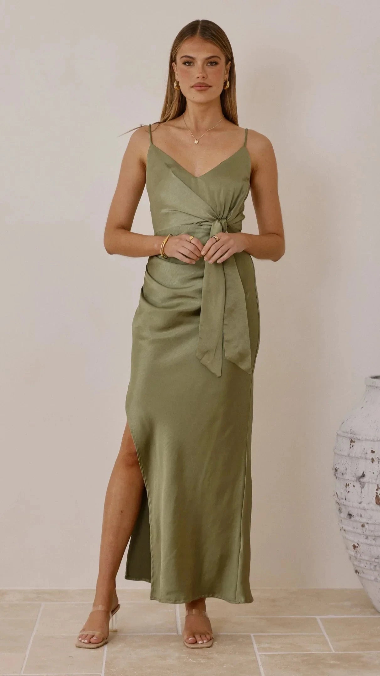 Chic Satin Mermaid V-Neck Spaghetti Straps Tie Waist High Slit Zipper Back Maxi Formal Evening Dresses by LANQI DRESS