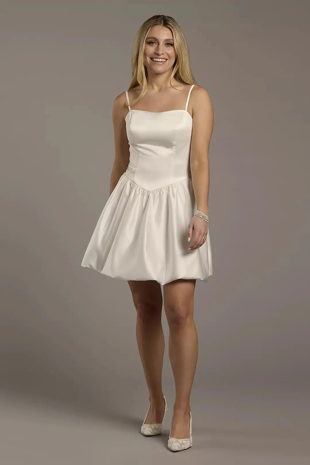 Chic Satin Mini A-Line Spaghetti-Strap Square-Neck Wedding Dress by YiHuiw
