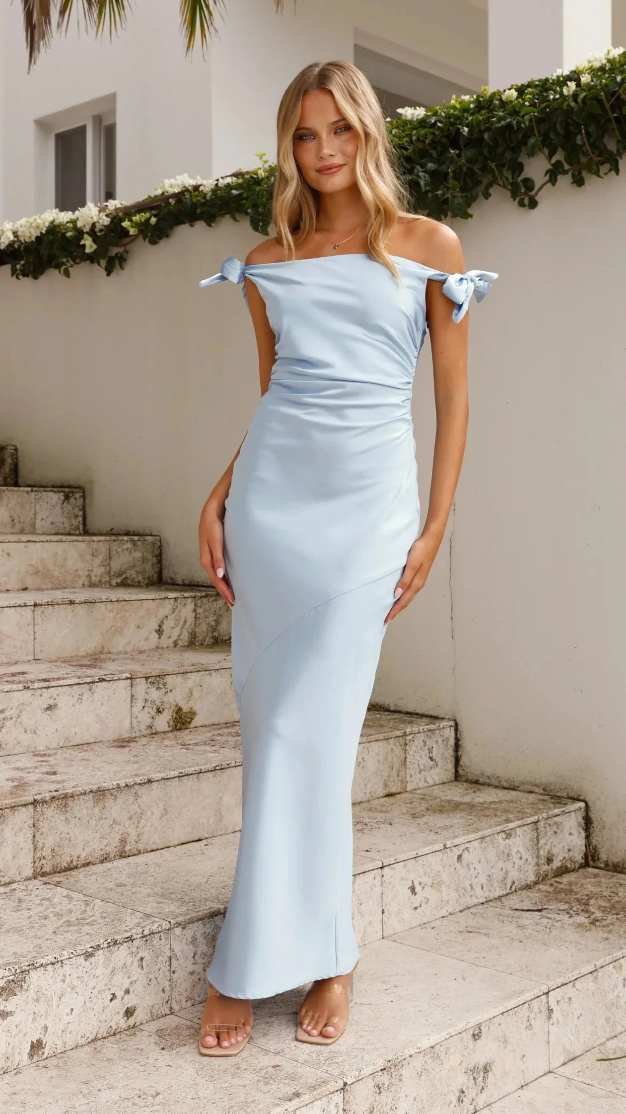 Chic Satin Sheath Bow Detail Off-the-Shoulder Spaghetti Straps Zipper Back Floor-Length Maxi Formal Evening Dresses by LANQI DRESS