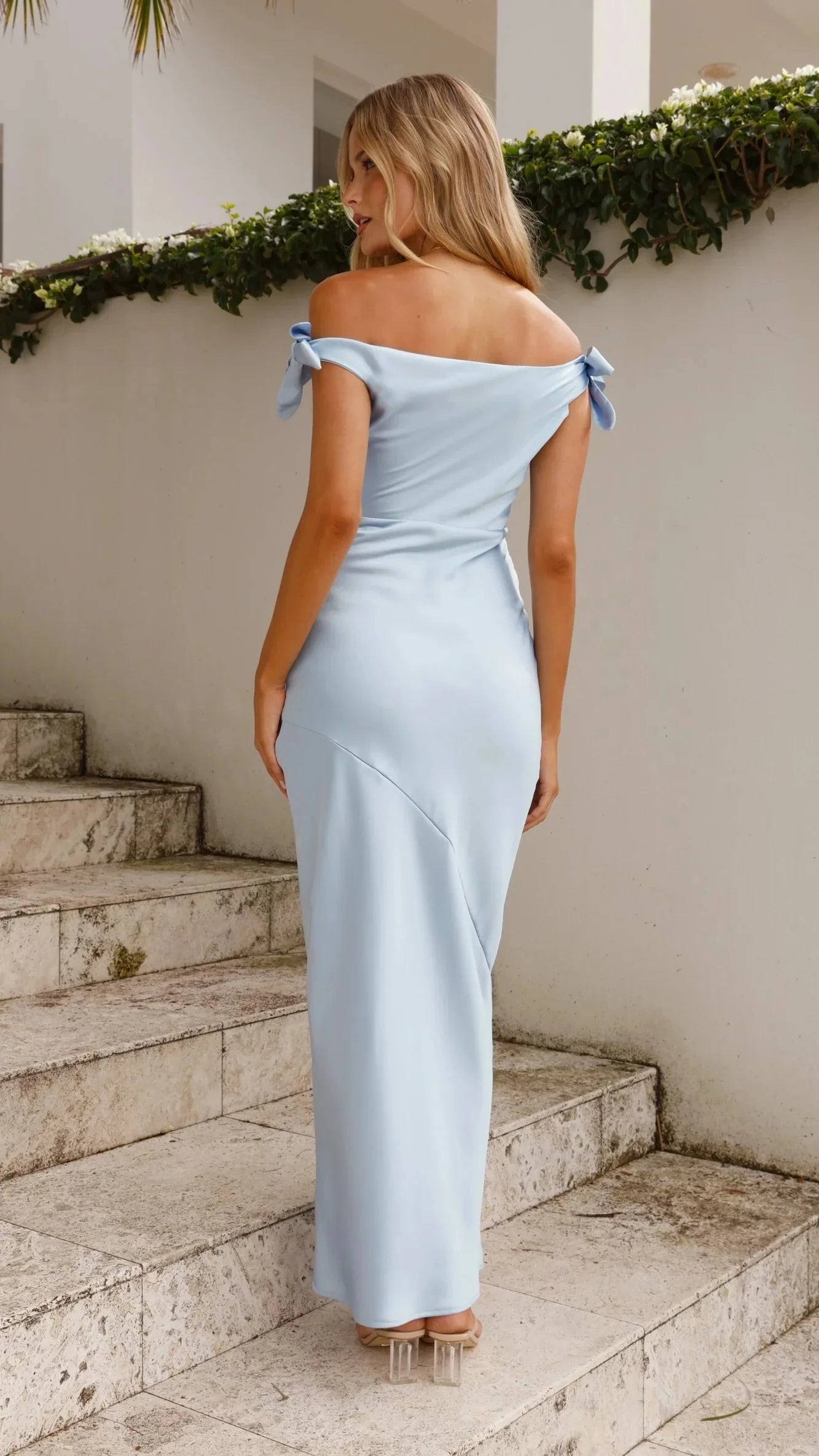 Chic Satin Sheath Bow Detail Off-the-Shoulder Spaghetti Straps Zipper Back Floor-Length Maxi Formal Evening Dresses by LANQI DRESS