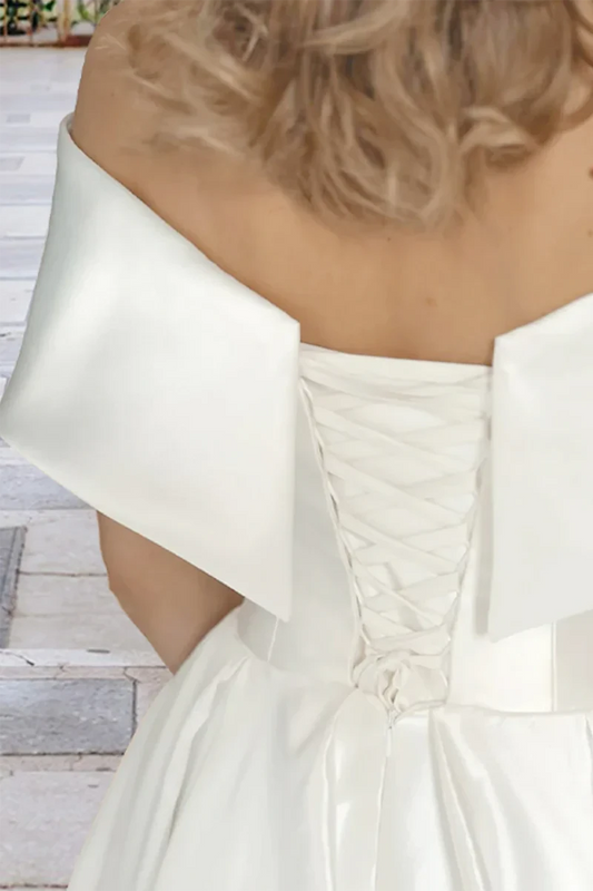 Chic Satin Tea-Length A-Line Off-the-Shoulder Cowl-Neck Lace-Up-Back Wedding Dress by YiHuiw