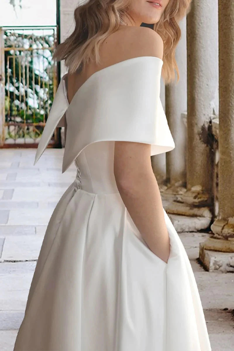 Chic Satin Tea-Length A-Line Off-the-Shoulder Cowl-Neck Lace-Up-Back Wedding Dress by YiHuiw
