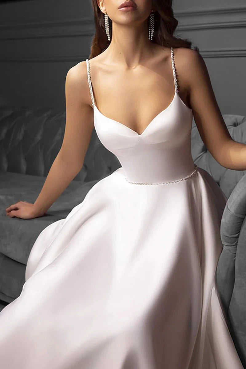 Chic Satin Tea-Length A-Line Spaghetti-Strap Sweetheart Low-Back Wedding Dress by YiHuiw