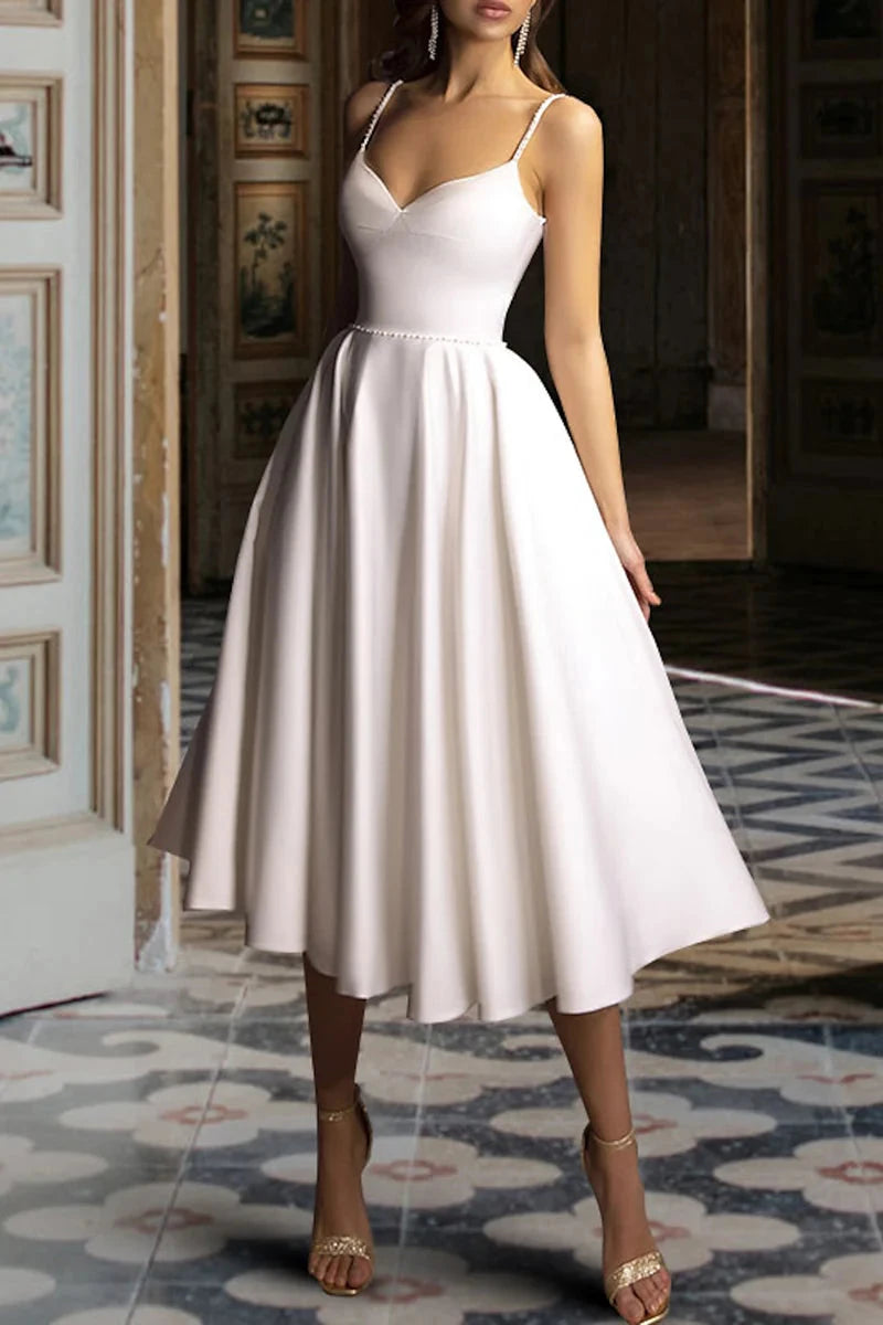 Chic Satin Tea-Length A-Line Spaghetti-Strap Sweetheart Low-Back Wedding Dress by YiHuiw