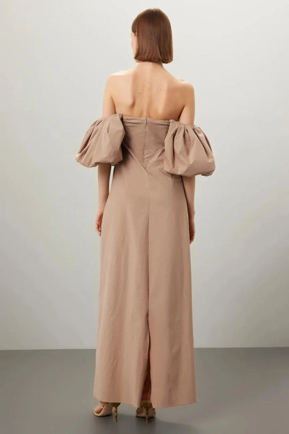 Chic Solid Cotton Maxi Off-the-Shoulder Puff Sleeve Bow Detail Evening Dresses by LANQI DRESS