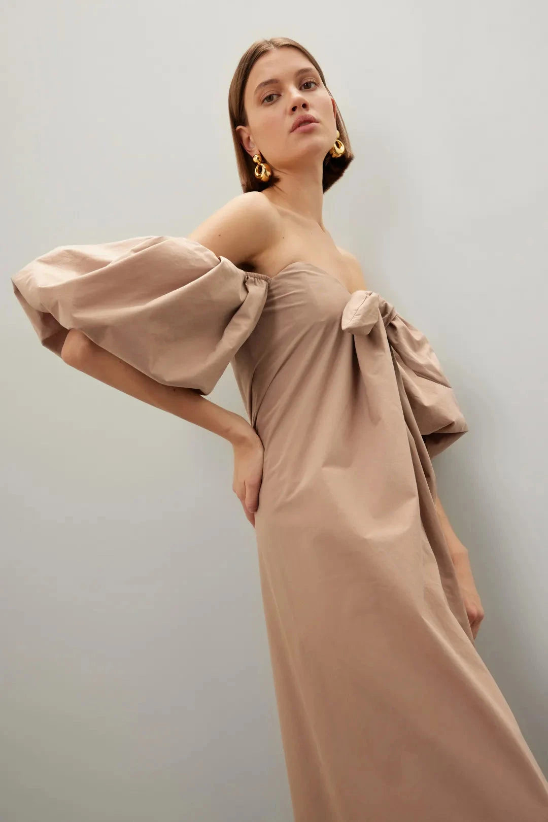 Chic Solid Cotton Maxi Off-the-Shoulder Puff Sleeve Bow Detail Evening Dresses by LANQI DRESS