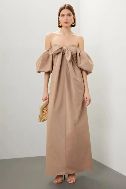 Chic Solid Cotton Maxi Off-the-Shoulder Puff Sleeve Bow Detail Evening Dresses by LANQI DRESS