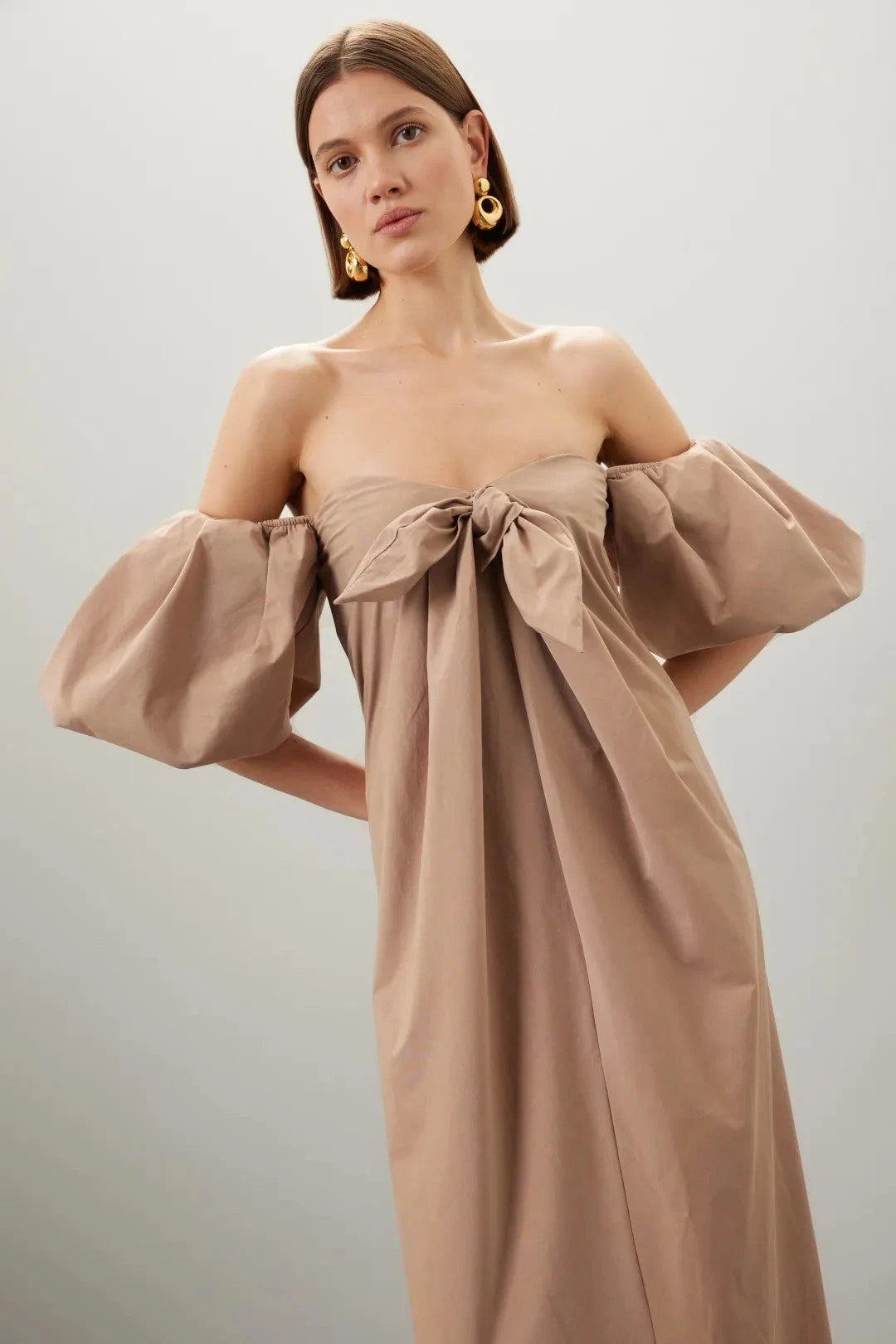 Chic Solid Cotton Maxi Off-the-Shoulder Puff Sleeve Bow Detail Evening Dresses by LANQI DRESS