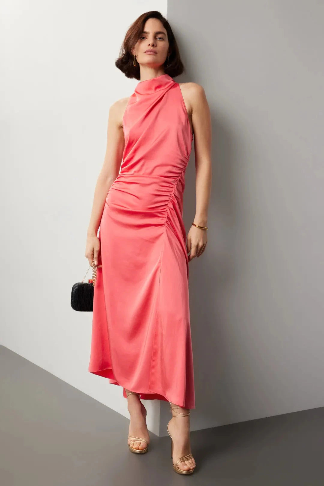 Chic Solid Satin Maxi Halter Sleeveless Ruched Detail Evening Dresses by LANQI DRESS