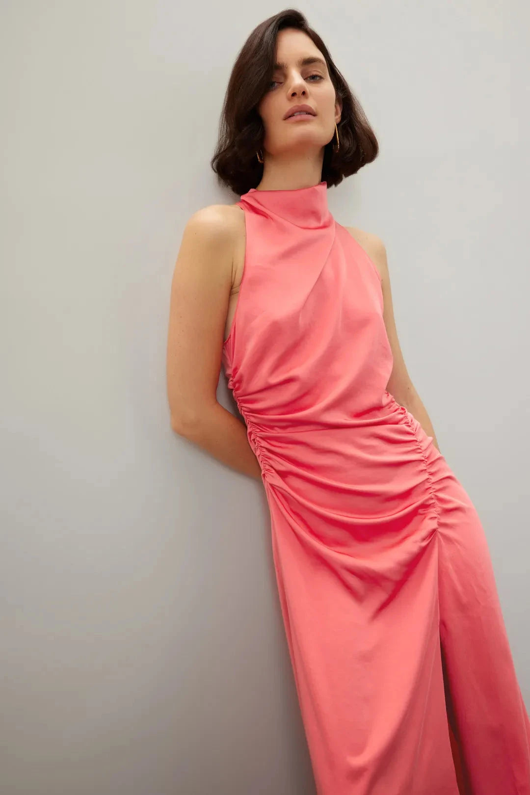Chic Solid Satin Maxi Halter Sleeveless Ruched Detail Evening Dresses by LANQI DRESS