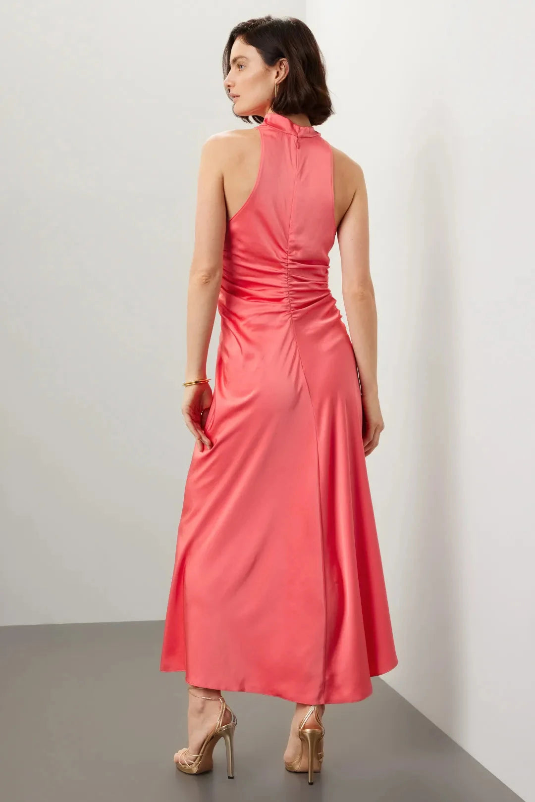 Chic Solid Satin Maxi Halter Sleeveless Ruched Detail Evening Dresses by LANQI DRESS