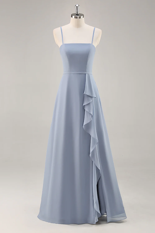 Spaghetti Straps Square Neck Chiffon Bridesmaid Dress with Ruffle Slit Floor Length Formal Evening Dress