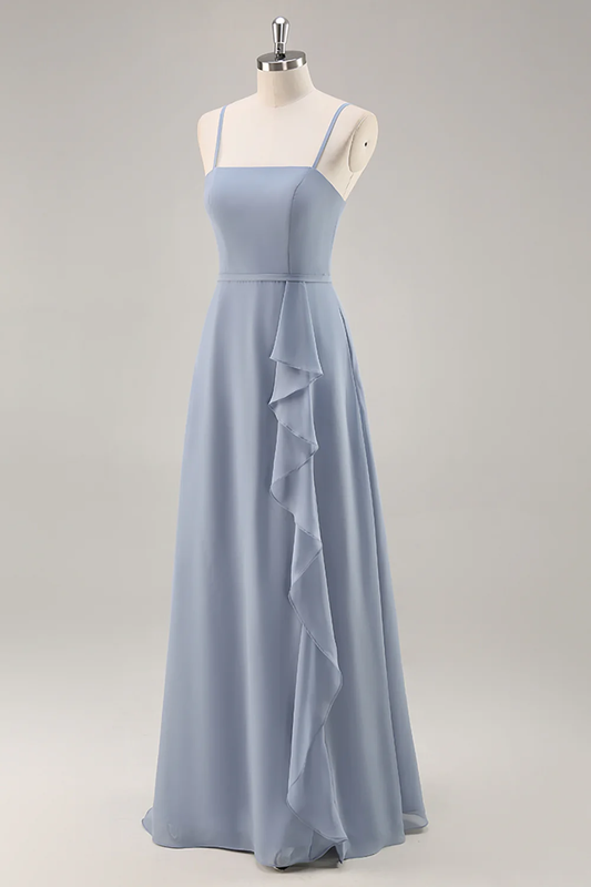 Spaghetti Straps Square Neck Chiffon Bridesmaid Dress with Ruffle Slit Floor Length Formal Evening Dress