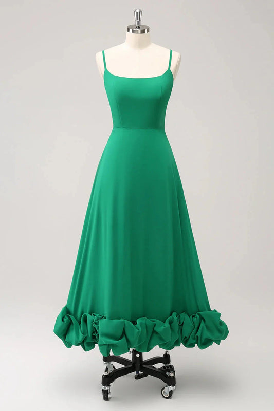 Playful Spaghetti Strap Evening Dress with Ruffled Hem and Midi Length Silhouette