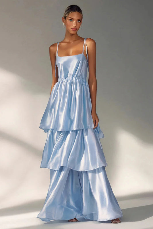 Chic Spaghetti Strap Evening Dress with Tiered Ruffle Satin Skirt