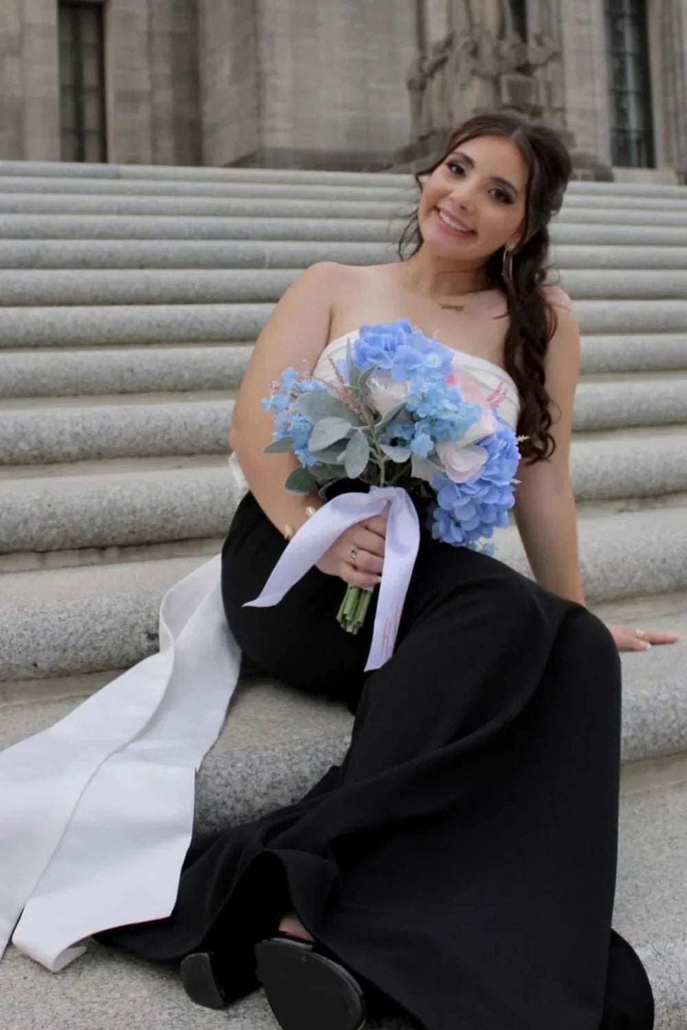 Chic Two-Tone Strapless Sweetheart Ruched Bodice Mermaid Prom Dress with Oversized Back Bow & Train by JiMiss Dresses