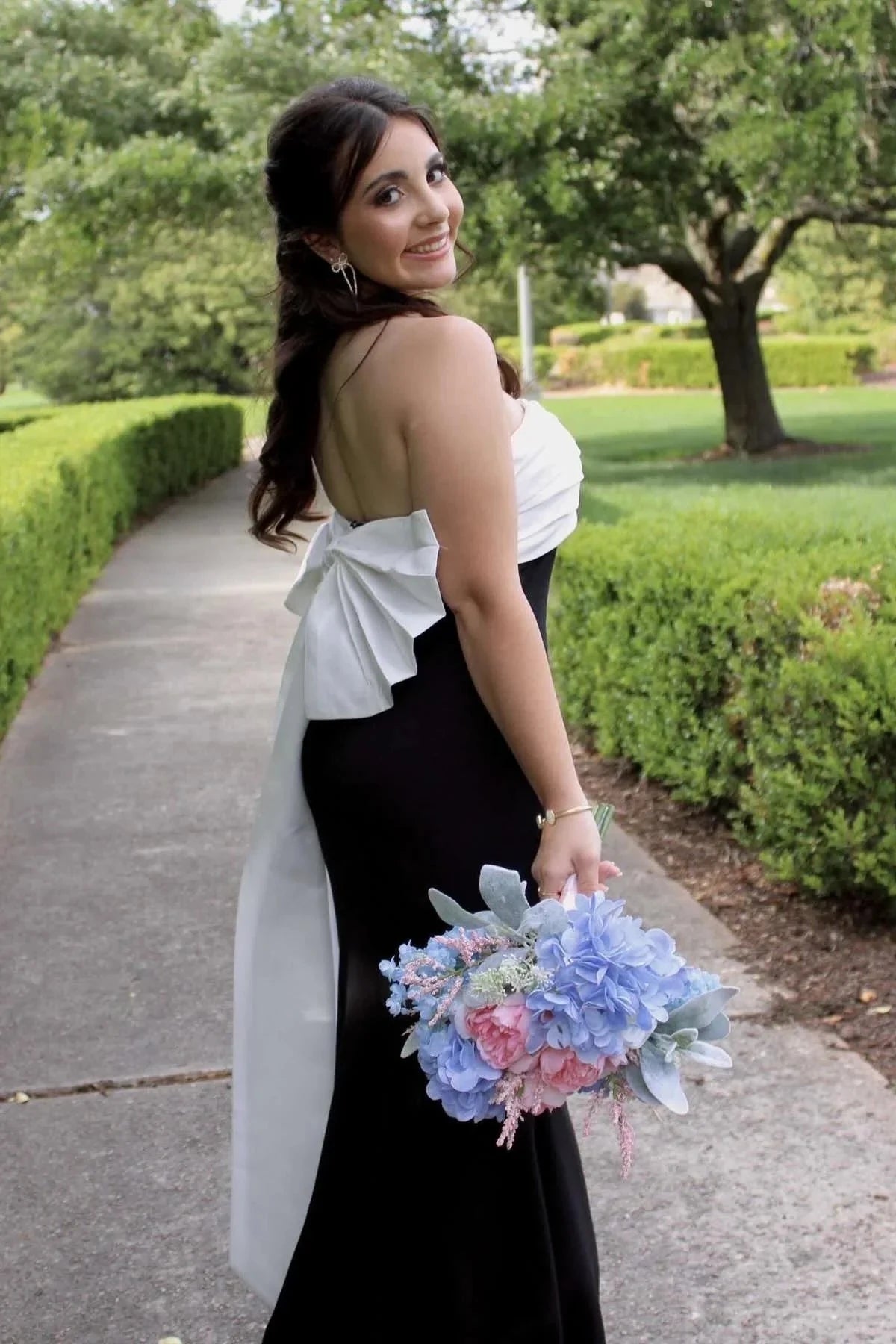Chic Two-Tone Strapless Sweetheart Ruched Bodice Mermaid Prom Dress with Oversized Back Bow & Train by JiMiss Dresses