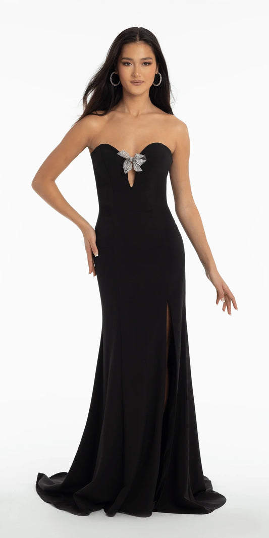 Chic crepe mermaid strapless sweetheart neck floor length evening dress with rhinestone bow detail, keyhole cutout and lace up back