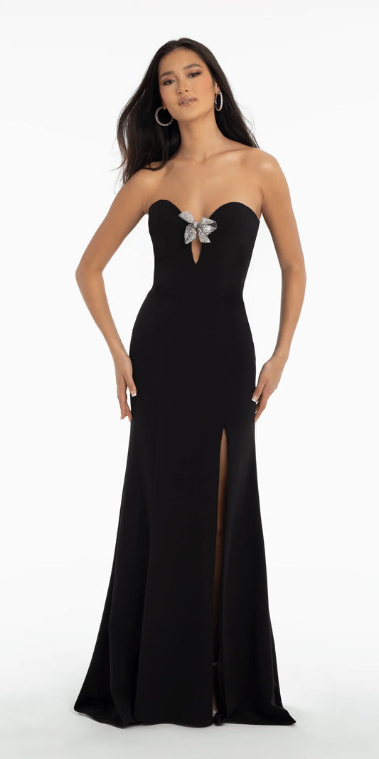 Chic crepe mermaid strapless sweetheart neck floor length evening dress with rhinestone bow detail, keyhole cutout and lace up back