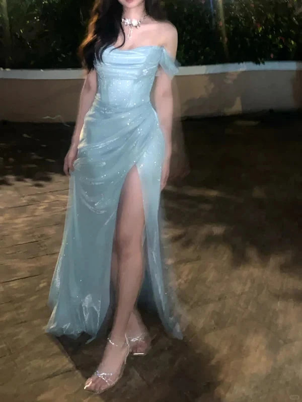 Sparkly tulle A-line off-the-shoulder open-back slit floor length evening dress by YiHuiw