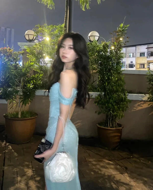 Sparkly tulle A-line off-the-shoulder open-back slit floor length evening dress by YiHuiw
