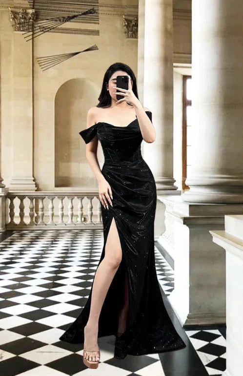 Sparkly tulle A-line off-the-shoulder open-back slit floor length evening dress by YiHuiw
