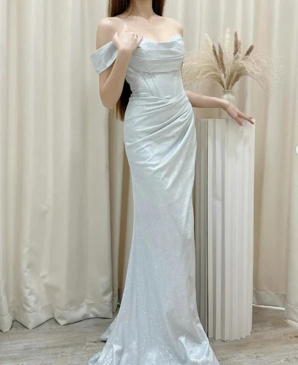 Sparkly tulle A-line off-the-shoulder open-back slit floor length evening dress by YiHuiw