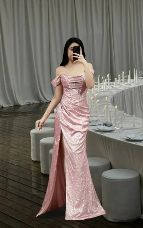 Sparkly tulle A-line off-the-shoulder open-back slit floor length evening dress by YiHuiw