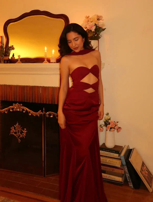 Chic satin sheath strapless twist cutout floor length evening dress by YiHuiw