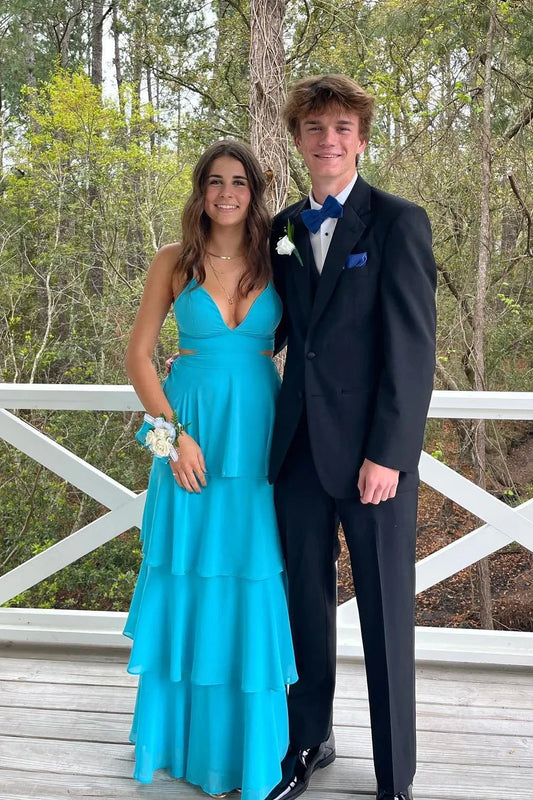 Chiffon Halter Deep V-Neck Side Cutout Tiered Ruffle A-Line Floor-Length Prom Dress by JiMiss Dresses