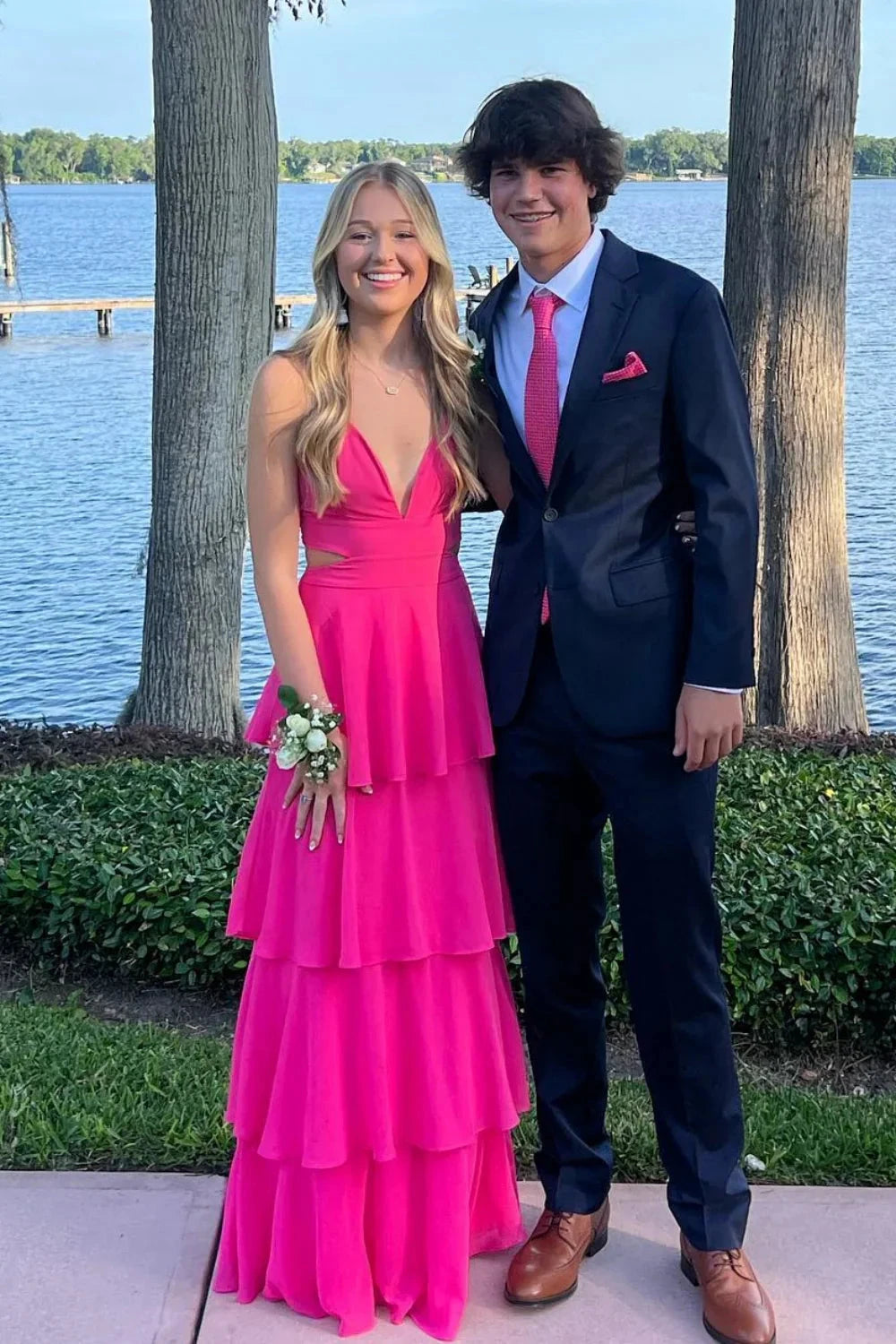 Chiffon Halter Deep V-Neck Side Cutout Tiered Ruffle A-Line Floor-Length Prom Dress by JiMiss Dresses