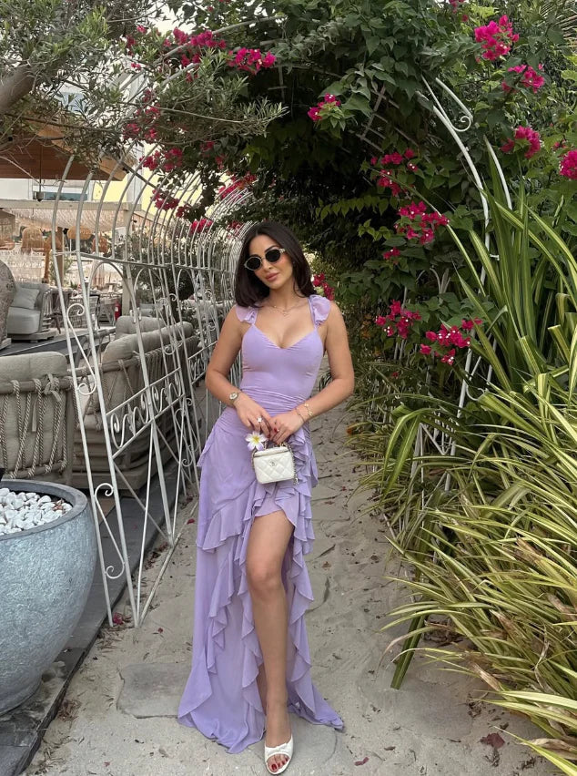 Chiffon Halter Neck Ruched Bodice Ruffle Trim High-Slit Open-Back Floor-Length Romantic Formal Evening Dress by YiHuiw