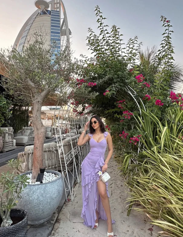 Chiffon Halter Neck Ruched Bodice Ruffle Trim High-Slit Open-Back Floor-Length Romantic Formal Evening Dress by YiHuiw