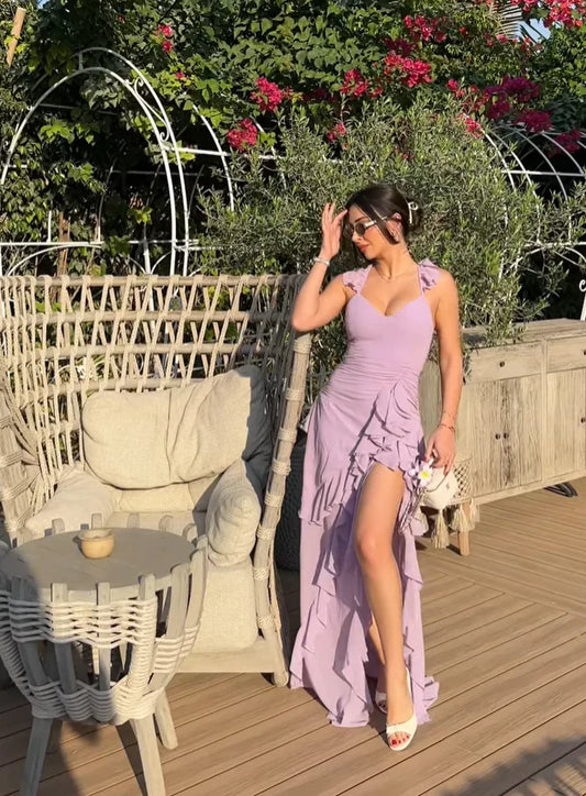 Chiffon Halter Neck Ruched Bodice Ruffle Trim High-Slit Open-Back Floor-Length Romantic Formal Evening Dress