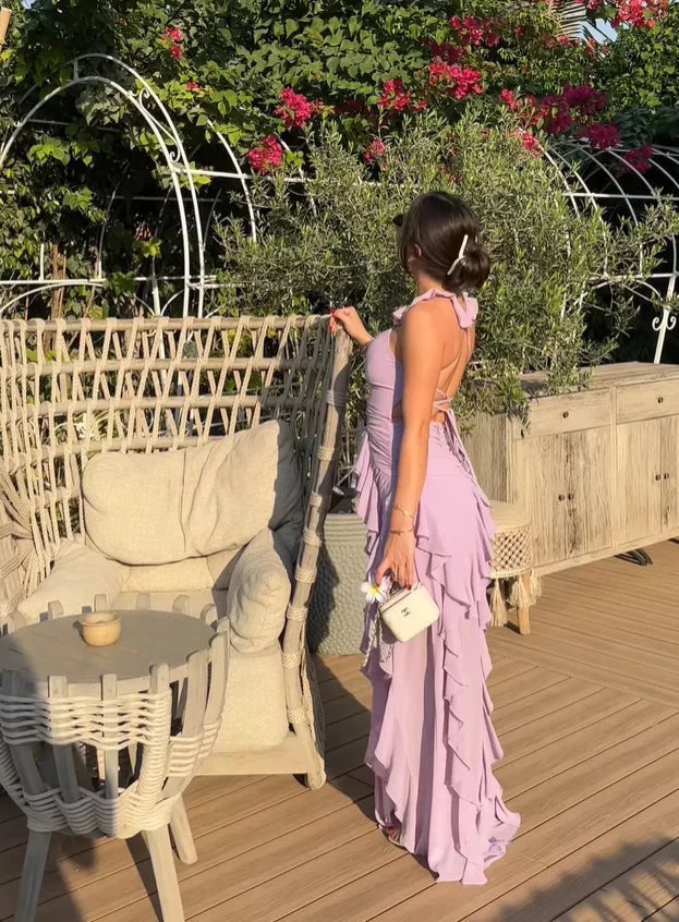 Chiffon Halter Neck Ruched Bodice Ruffle Trim High-Slit Open-Back Floor-Length Romantic Formal Evening Dress by YiHuiw
